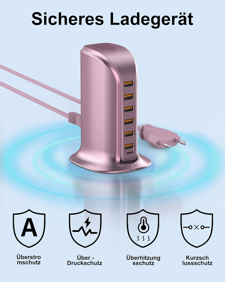 USB Ladegerät 6 Port 50W Multi USB Tower Ladestation Mehrere Geräte für iPhone 15/14/14 Pro/14 Pro M