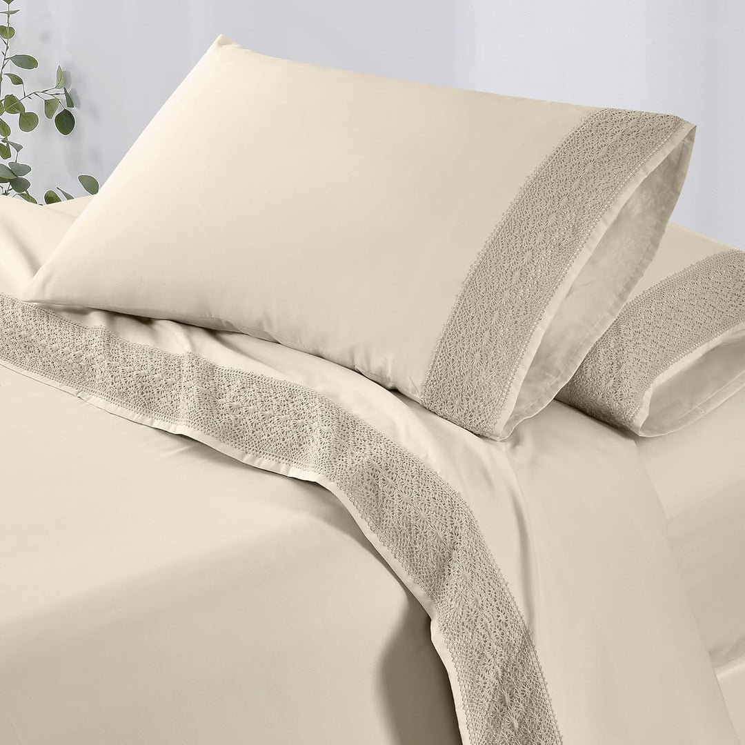 Amrapur Overseas Bettwäsche-Set, Häkelspitze, Queen-Size-Bett, Leinen, 4-teilig Leinen Queen, Leinen
