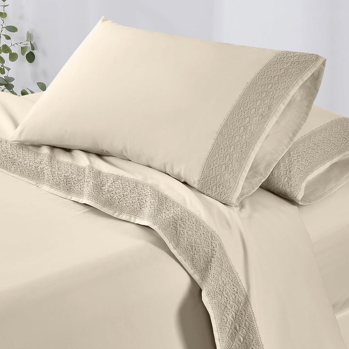 Amrapur Overseas Bettwäsche-Set, Häkelspitze, Queen-Size-Bett, Leinen, 4-teilig Leinen Queen, Leinen
