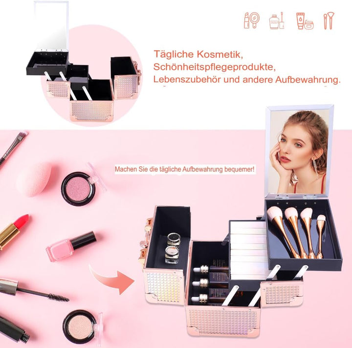 Kosmetikkoffer Aluminium Schminkkoffer, Kosmetikkoffer Kosmetik Beautycase mit Spiegel, Tragegriff &