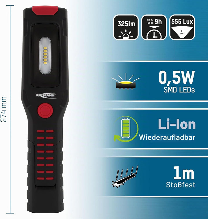 ANSMANN LED Werkstattlampe IL300R mit 325 Lumen - Arbeitsleuchte kabellos, flexibel & magnetisch - W
