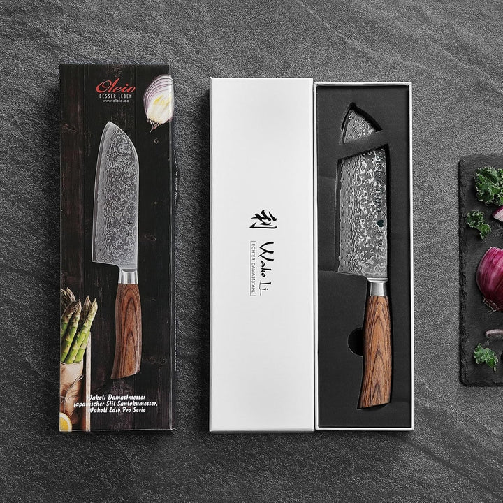 Wakoli EDIB Pro Damast Santoku Messer mit Gravur – Personalisiertes Messer, 17cm Klinge aus 67 Lagen
