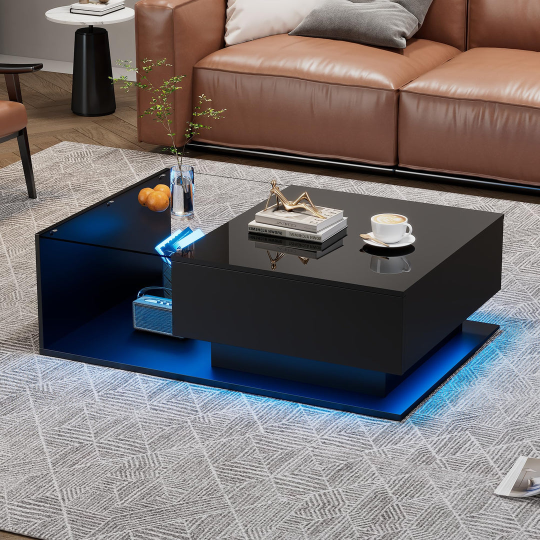 Merax Couchtisch Schwarz Hochglanz mit LED, Moderner Wohnzimmertisch mit Stauraum Schubladen, Glaspl
