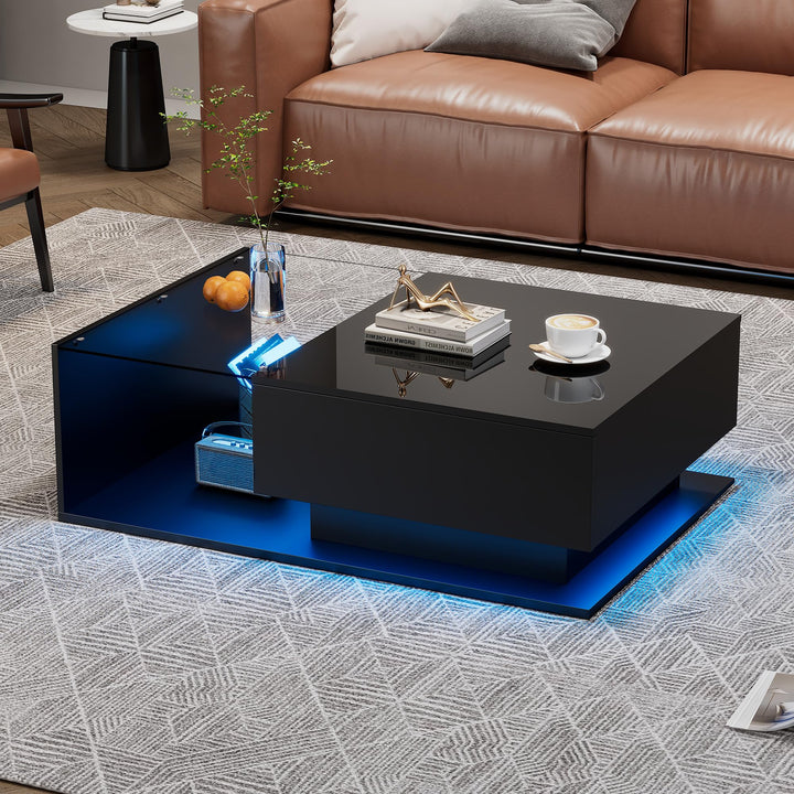 Merax Couchtisch Schwarz Hochglanz mit LED, Moderner Wohnzimmertisch mit Stauraum Schubladen, Glaspl