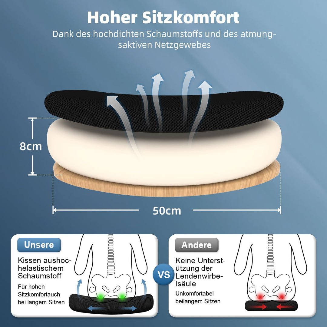 Bürostuhl, Schreibtischsessel mit Kopfstütze und Weiche Lordosenstütze, Bürostuhl ergonomisch Wippfu