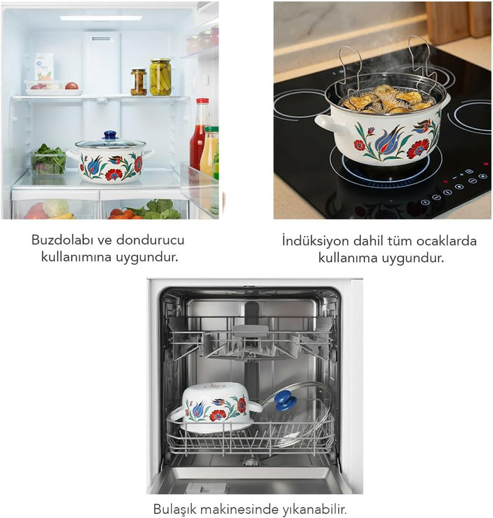 Serenk Emaille-Frittiertopf, 22 cm, 4 L, dekoriert, mit Glasdeckel und Frittierkorb, dunkelblauer Ku