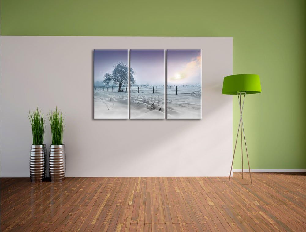 Pixxprint Einsamer Baum in Winterlandschaft schwarz/weiss 3-Teiler Leinwandbild 120x80 Bild auf Lein