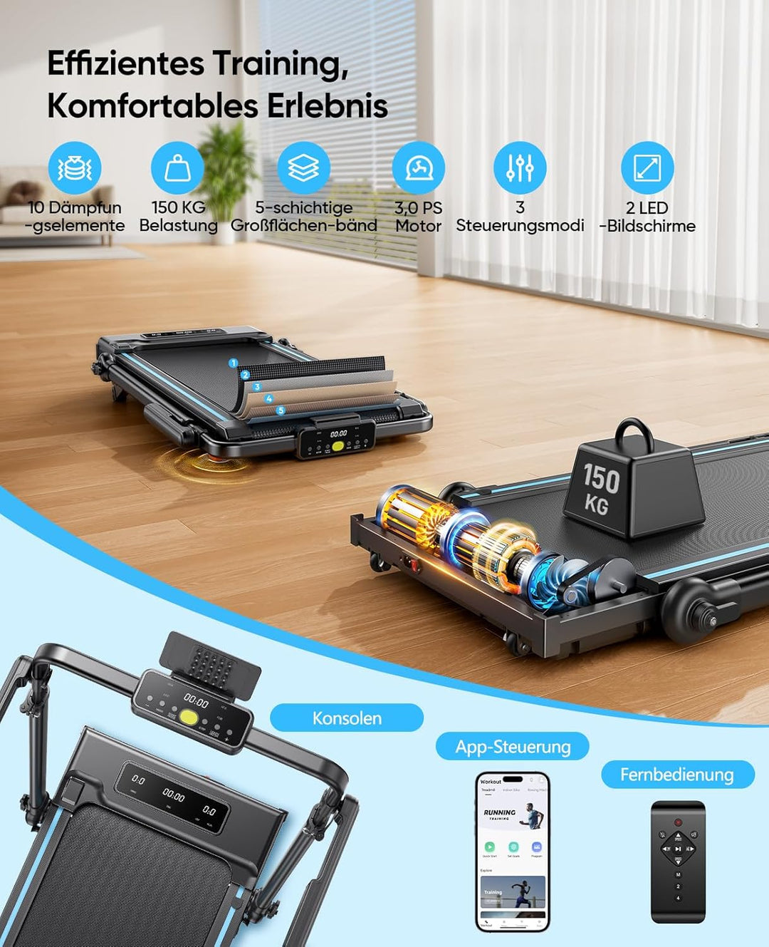6-IN-1 Laufband für Zuhause mit Abnehmbarem Tisch,3.0HP Laufband Klappbar mit Steigung bis 12%,12KM/