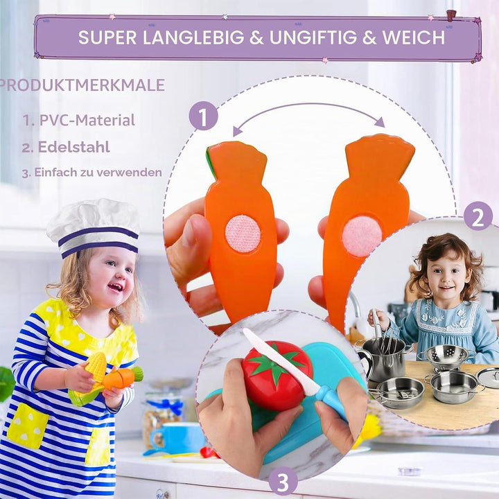 Kinderküche Zubehör 32 Stück Spielküche Zubehör,Kochgeschirr Edelstahl Pfannenset Schürze und Kochmü