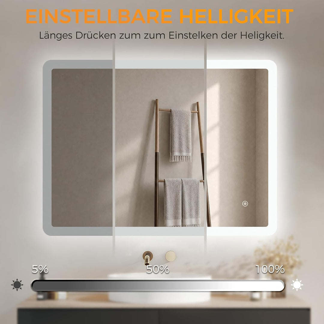 IMPTS Badspiegel mit Beleuchtung 60x50cm LED Spiegel Bad Dimmbar | Badezimmerspiegel mit Touchschalt