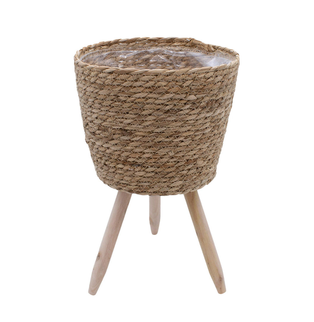 Spetebo Blumenständer aus Stroh innen mit Folie - 35 x 23 cm - Rattan Pflanzenständer mit 3 Holz Bei