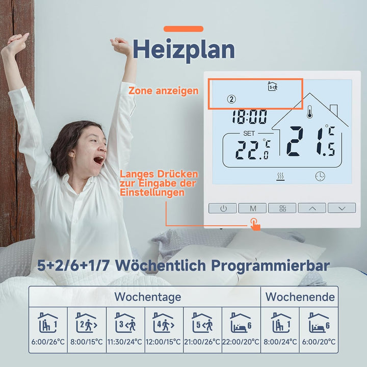 Beok Heizungsthermostat Programmierbar Raumthermostat Digital Wandthermostat für Wassererwärmung Fus