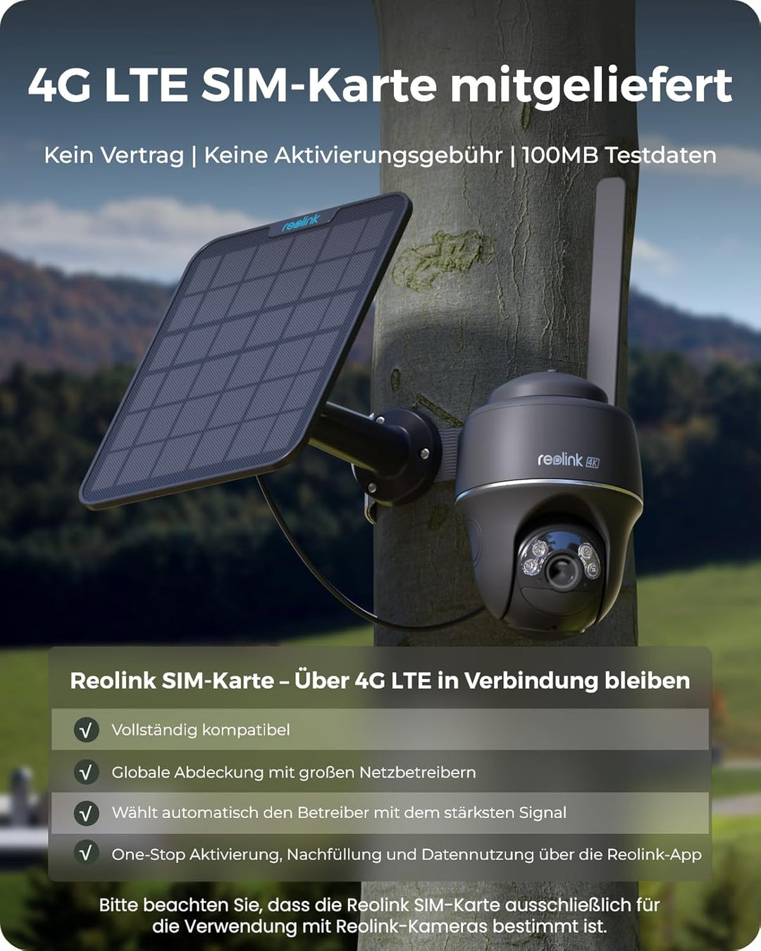Reolink 4K 4G LTE Überwachungskamera Aussen mit SIM Karte Ohne WLAN, 355°&140° PTZ Solar Kamera Outd