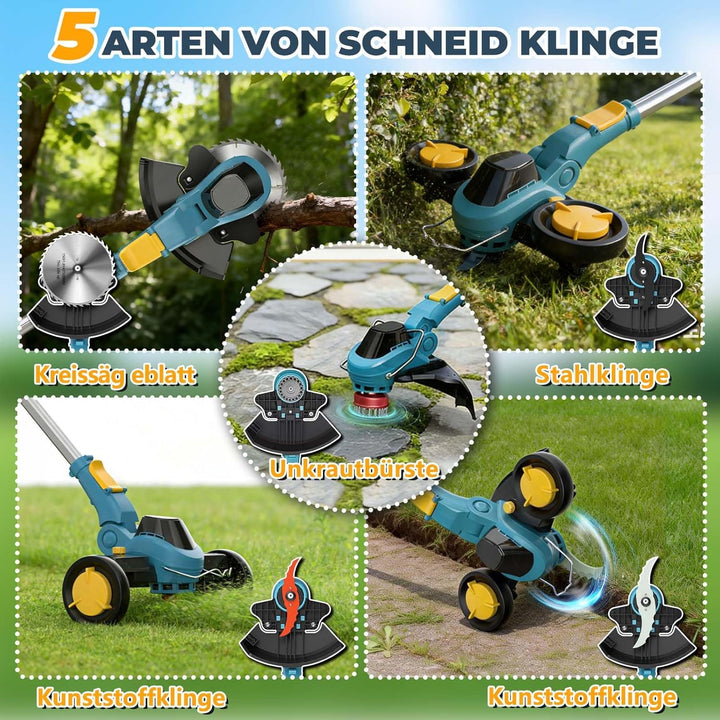 Akku Rasentrimmer für Makita-Akkus, Rasentrimmer mit Unkrautbürste | 2 x 4.0Ah Akku, 4 Klingentypen,
