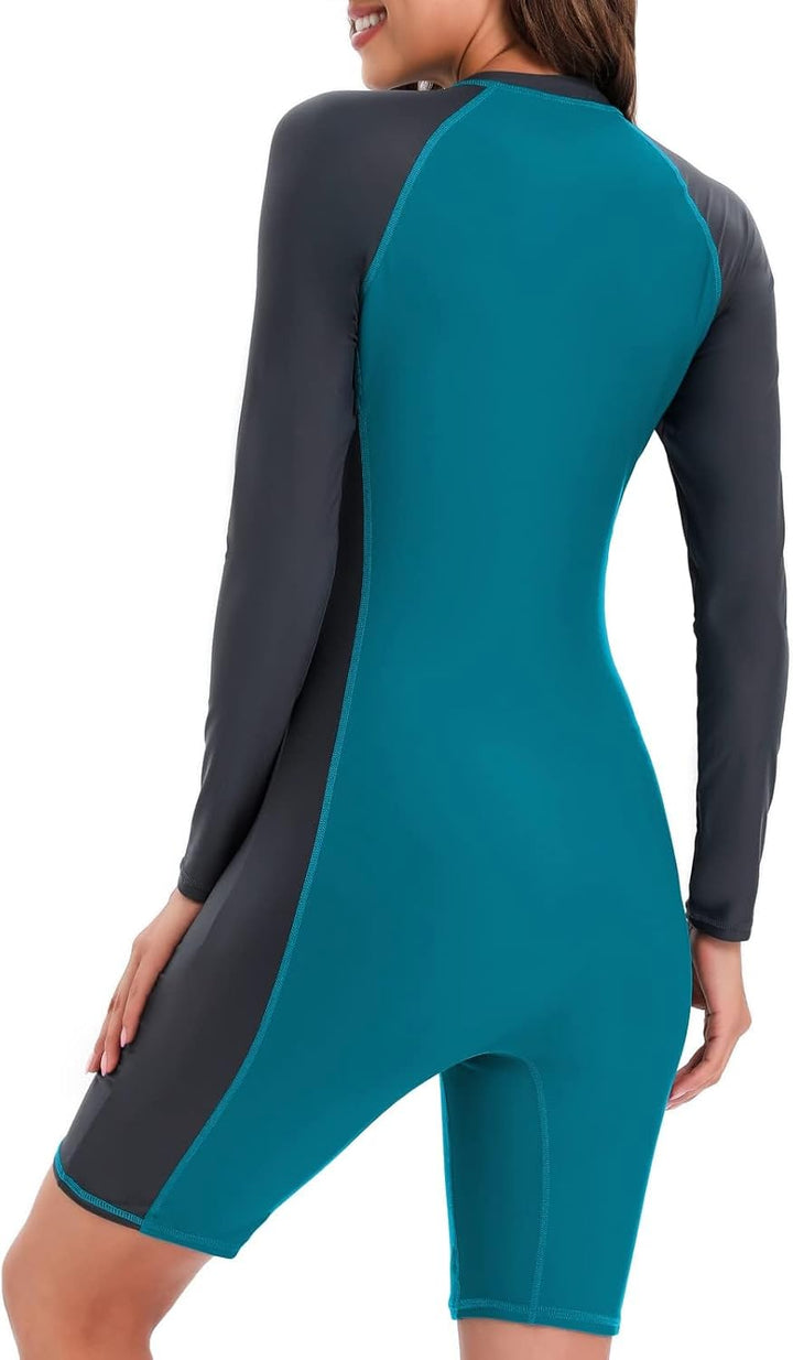 Halcurt Damen Langarm Badeanzug Schwimmanzug UV-Anzug UPF 50+ Reissverschluss Schutzkleidung L Pfaue
