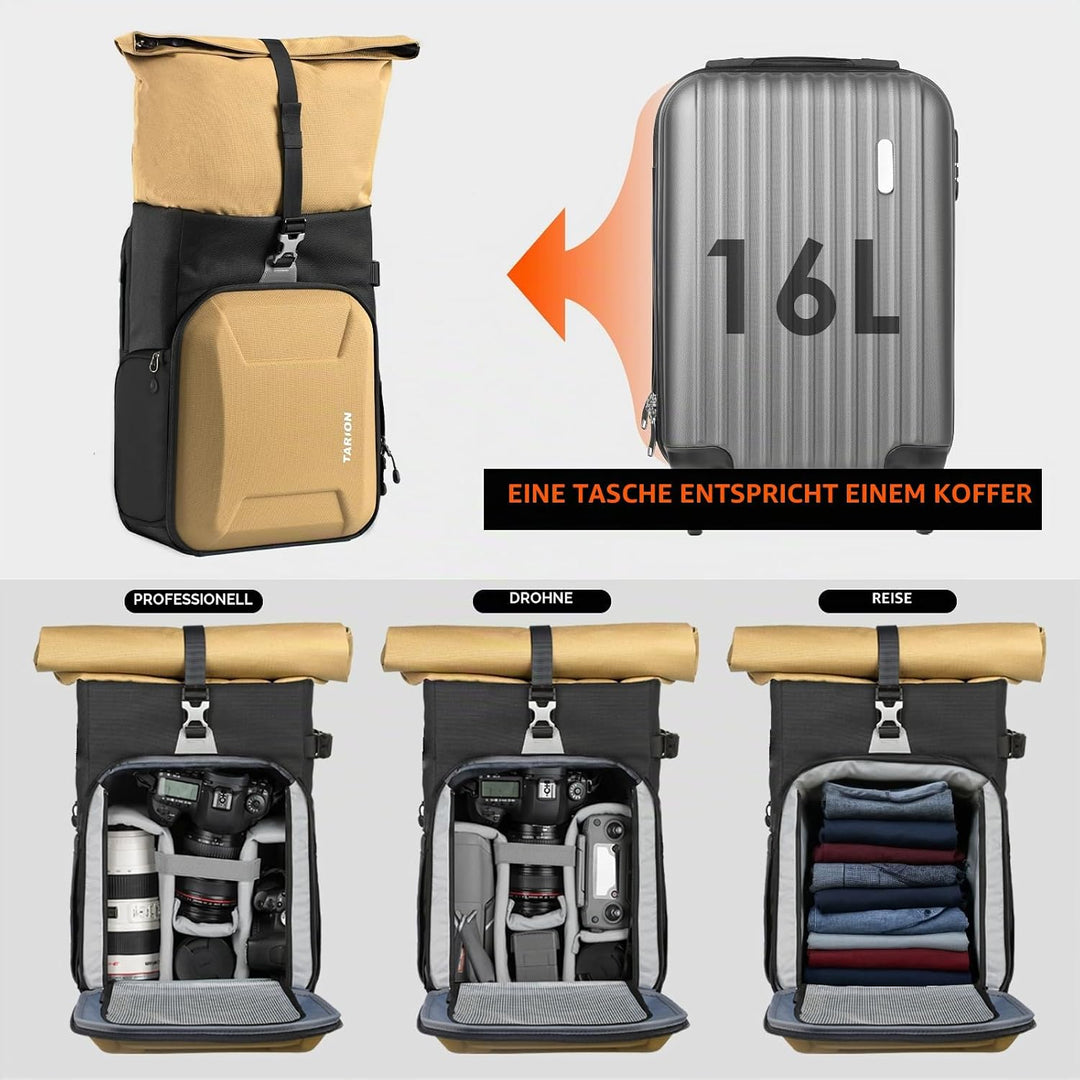 TARION Kamerarucksack Rolltop Fotorucksack mit Hartschale: Professionelle Kameratasche Spiegelreflex