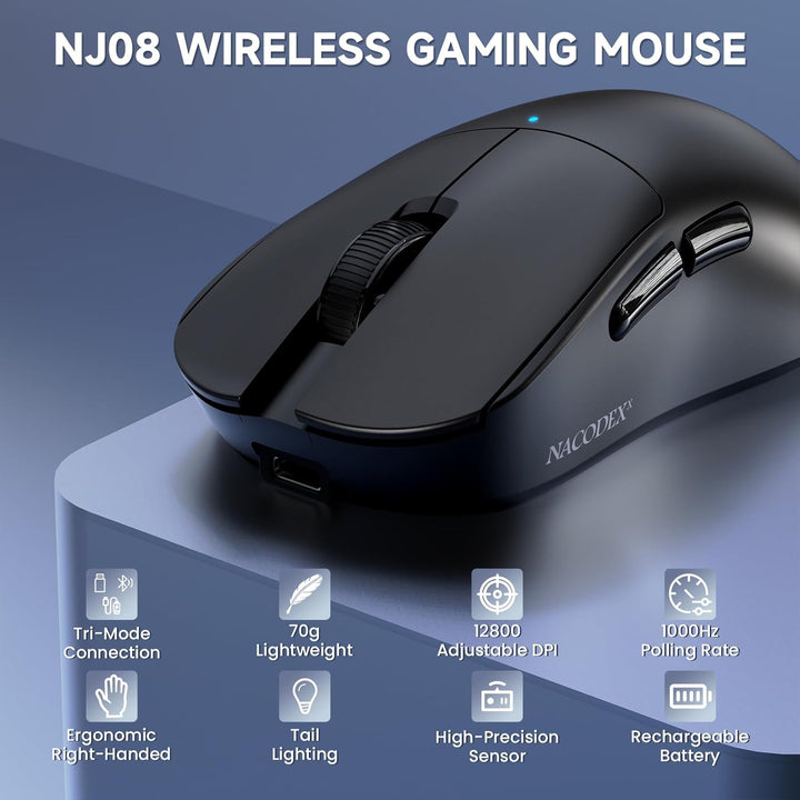 A.JAZZ NJ08 Tri-Mode Kabellose Gaming Maus, 1000Hz 70g Leicht, PC Mouse Mittel-Gross Ergonomisch, 12