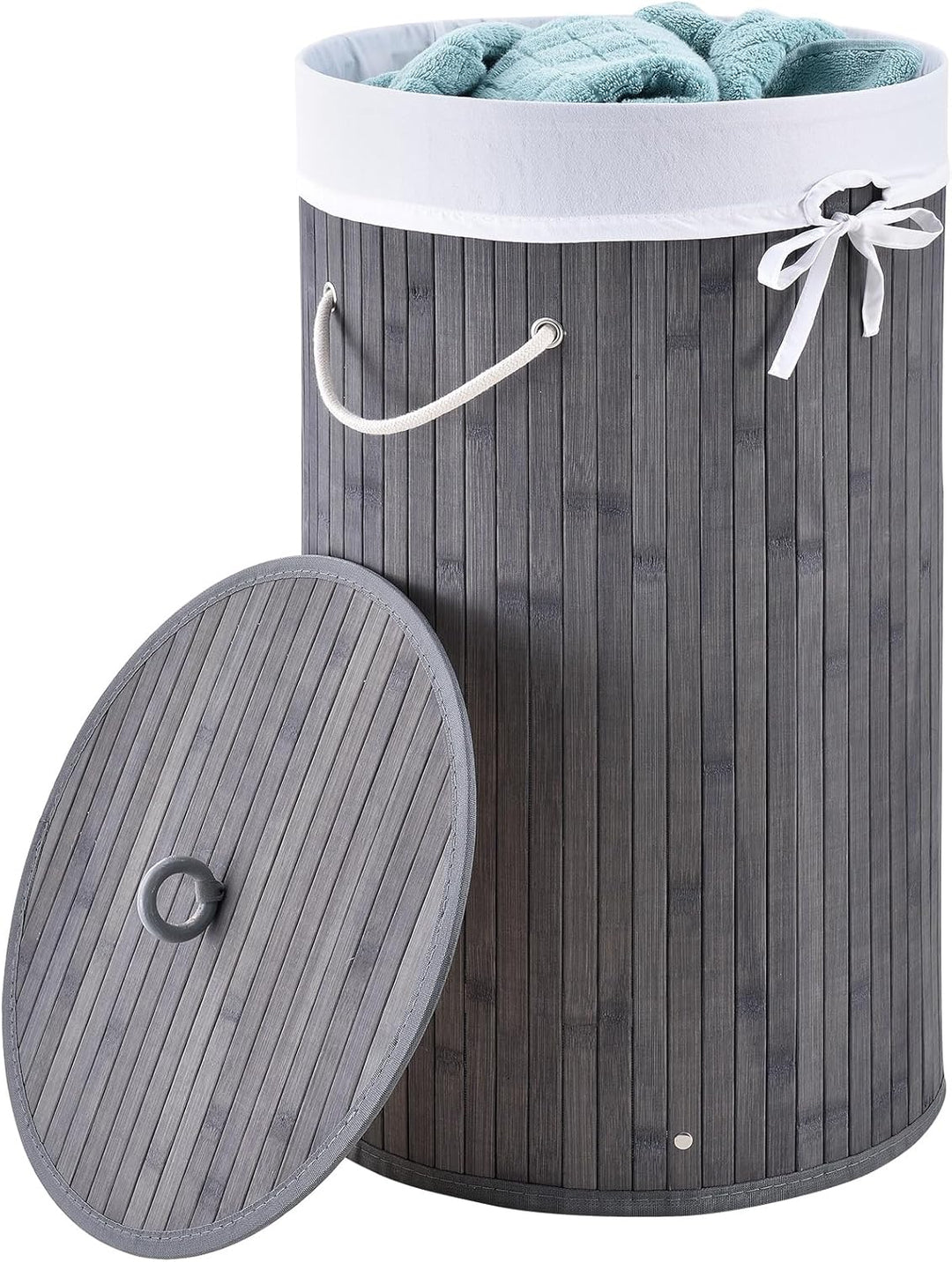 Juskys Bambus Wäschekorb Curly-Round Grau 55L - Hygienischer & Faltbarer Wäschekorb mit Deckel, Trag