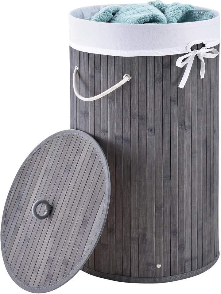 Juskys Bambus Wäschekorb Curly-Round Grau 55L - Hygienischer & Faltbarer Wäschekorb mit Deckel, Trag