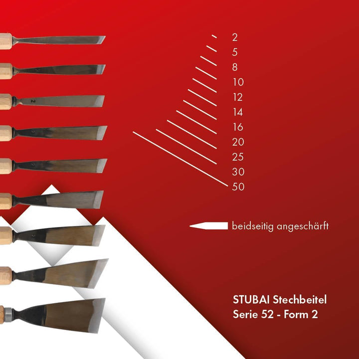 STUBAI Stemmeisen Stechbeitel Serie 52 - Form 2 | Gerades Balleisen, schräg - 40 mm, mit Holzgriff,