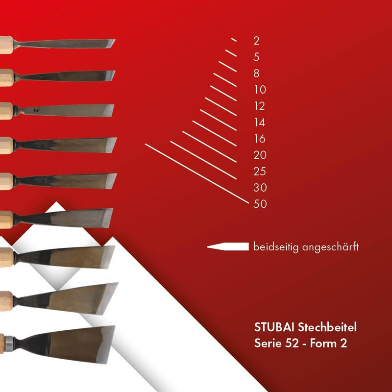 STUBAI Stemmeisen Stechbeitel Serie 52 - Form 2 | Gerades Balleisen, schräg - 20 mm, mit Holzgriff,