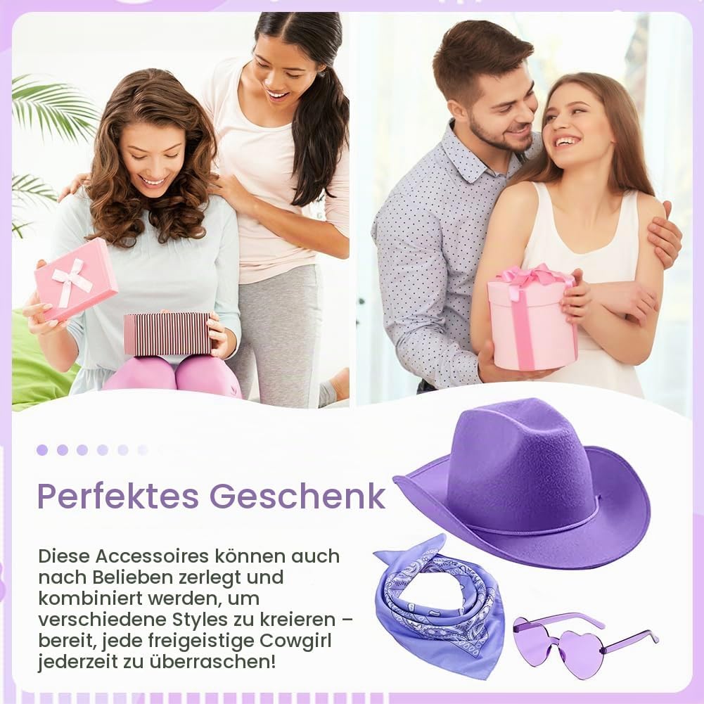 Cowgirl Hut Weiss Damen, Westliche Cowboyhüte 3PCS, Western Cowboyhut Set, Ideal für Rollenspiele au