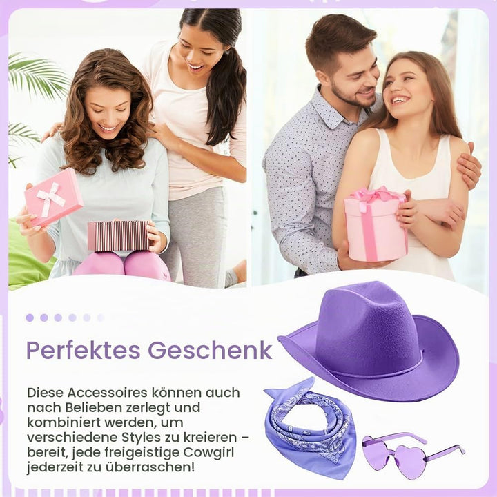Cowgirl Hut Weiss Damen, Westliche Cowboyhüte 3PCS, Western Cowboyhut Set, Ideal für Rollenspiele au