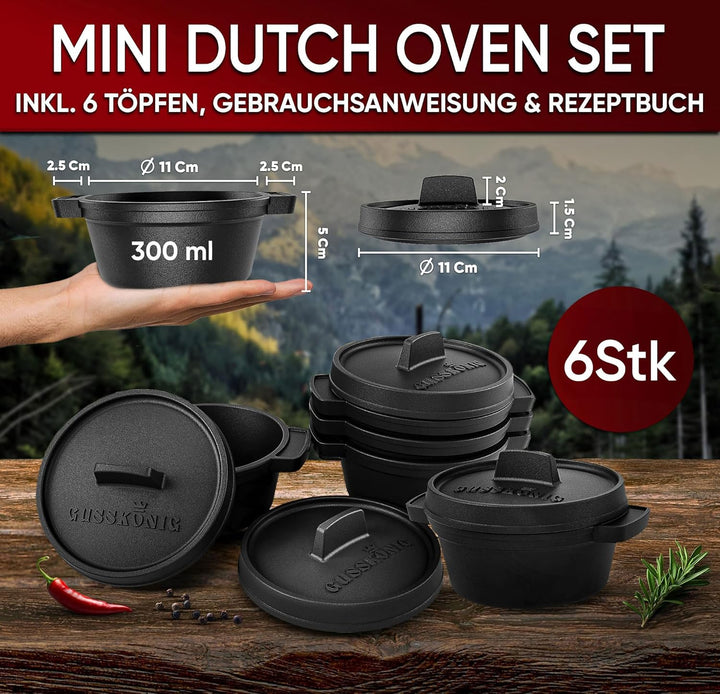GUSSKÖNIG Dutch Oven Set Mini - 6x 300ml Gusseisen Mini Topf mit Deckel - bereits eingebrannter Mini