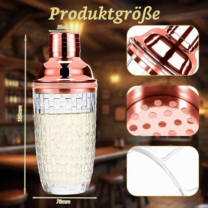 Cocktail Shaker Roségold, 400ml Cocktail Mixer, Shaker Edelstahl Cocktails, Glas Cocktailshaker, Ede