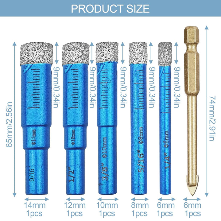 6 Stück Fliesenbohrer Diamantbohrer Glasbohrer Set, 6, 8, 10, 12, 14 mm Keramikbohrer und 6 mm Karbi