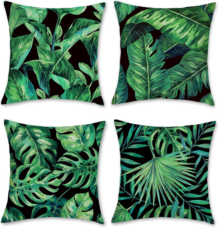 Bonhause 4er Set Kissenbezüge Blätter Tropische 45 x 45 cm Grün Pflanze Polyester Leinen Dekorative
