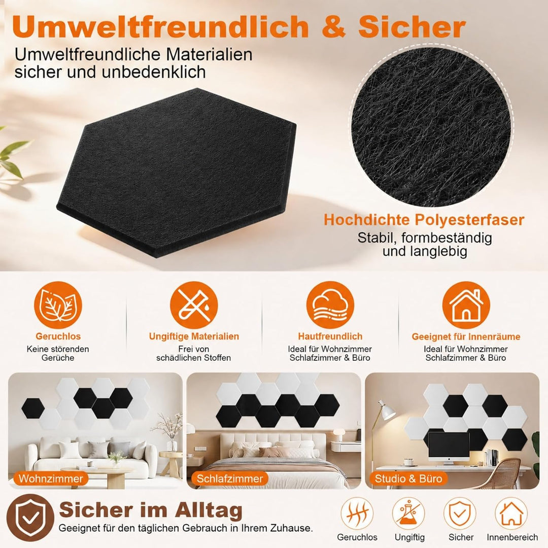 Rdutuok 12 Stück Selbstklebend Akustik Panel,30x26x1cm Hexagon Akustik Absorber Schallschutzplatten