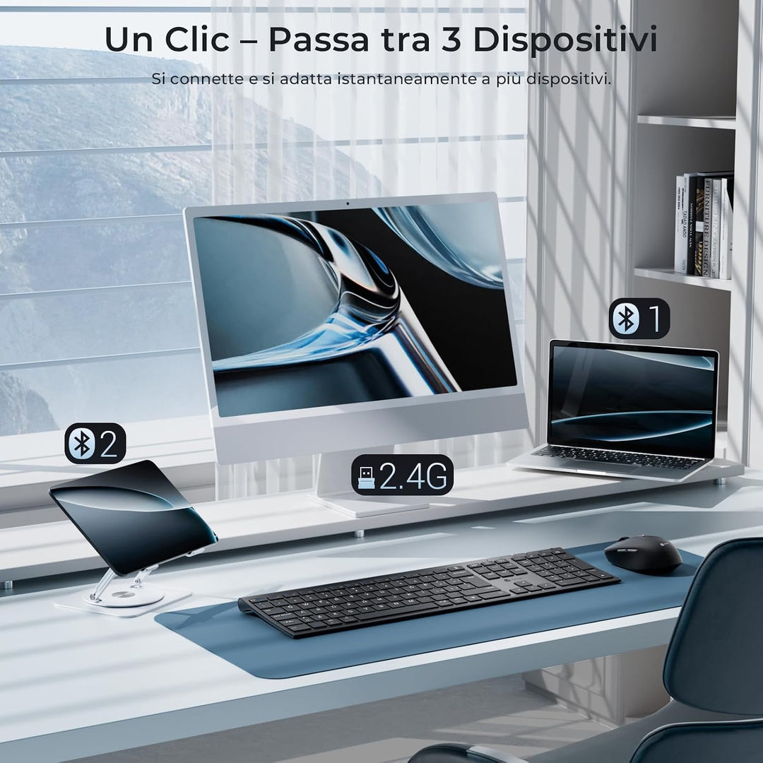 iClever Kabellose Bluetooth-Tastatur und Maus, Dual-Modus (Bluetooth + 2,4 G), wiederaufladbar, ital