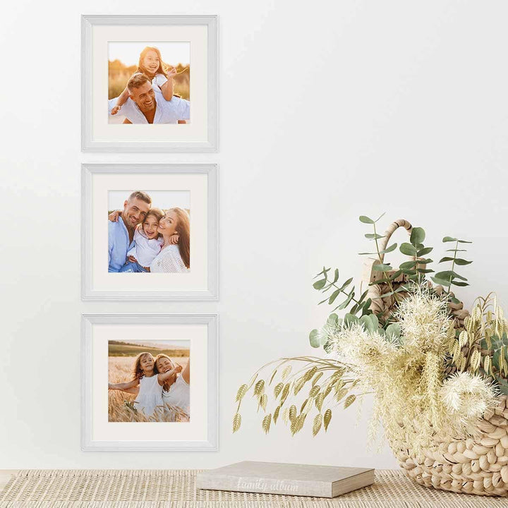 PHOTOLINI Bilderrahmen-Set 20x20 cm Holz Weiss Landhaus-Stil, 3er Set Holz-Rahmen, Made in Germany,