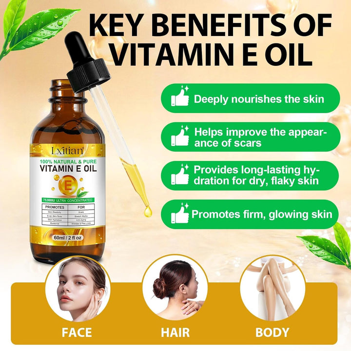 Vitamin E Öl Bio für Kosmetik, Vitamin E Tropfen, 75,000 IU, 100% Reines Natürliches vitamin e Öl fü