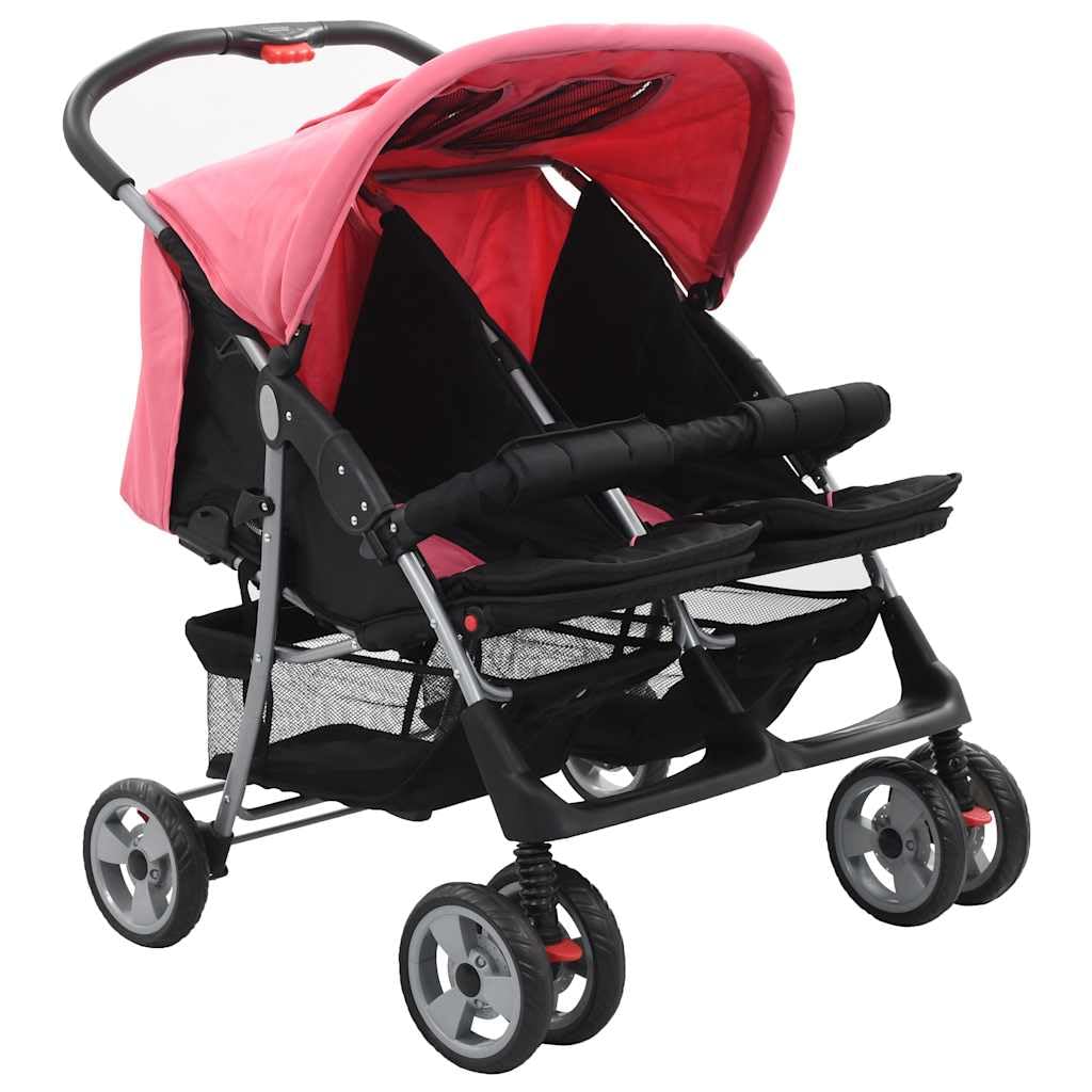 vidaXL Zwillingswagen Kinderwagen Geschwisterwagen Zwillingsbuggy Baby Kleinkinder Rosa Schwarz Stah
