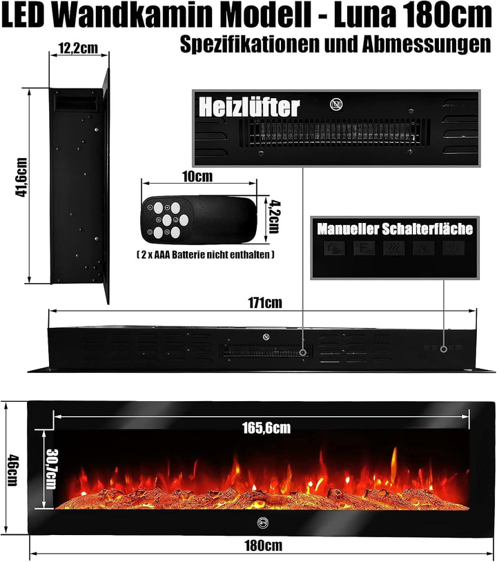 Elektrokamin Wandkamin Luna 180cm mit LED Flammensimulation - Farbwechsel - inkl. Fernbedienung, Tim