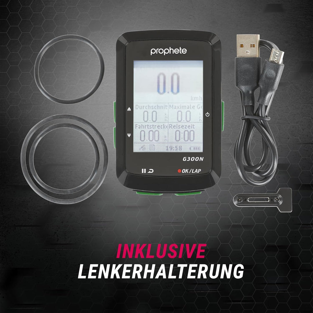 PROPHETE Fahrradcomputer GPS-Navigation, 14 Funktionen, Fahrradnavi, Wasserdicht IPX6, Beleuchtetes