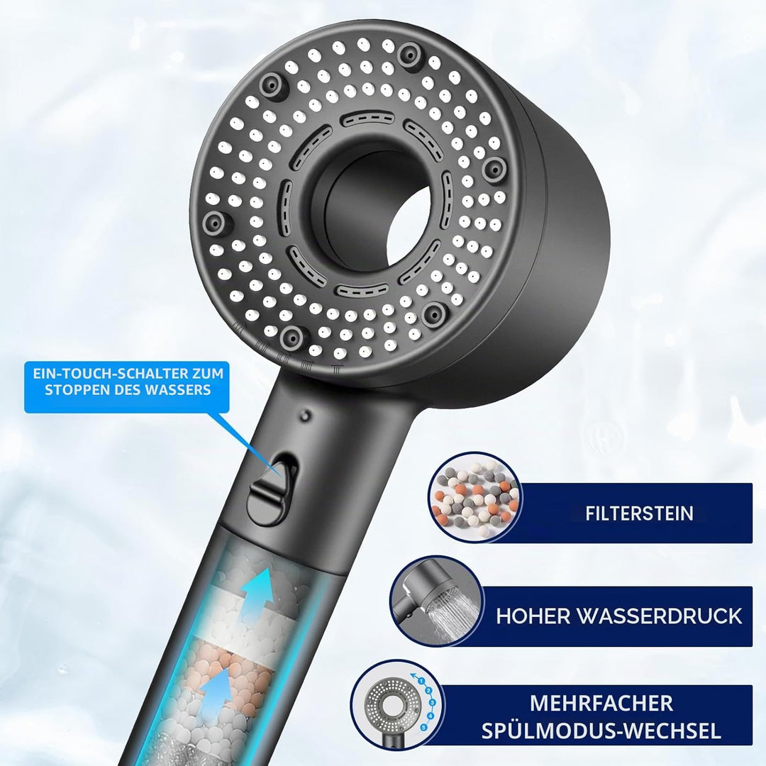 Duschkopf Wassersparend mit Schlauch 1.5 m, Antikalkfunktion Duschkopf mit 3-Schicht-Filtration, 5 S