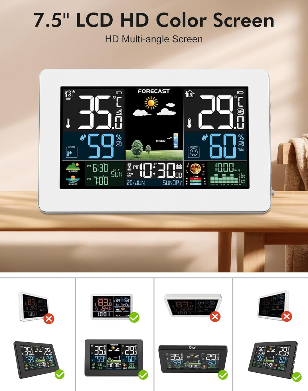 Wetterstation Funk mit Aussensensor, Farbdisplay, Wettervorhersage, Temperatur, Luftfeuchtigkeit, We
