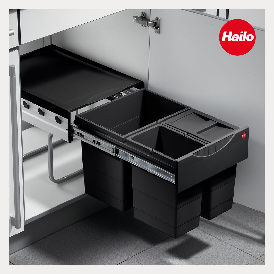 Hailo Abfallsammler 3642931 | Raumspar-Tandem 18 + 2x 8.5 L | ab 40cm Schrank mit Drehtür | 346 x 47