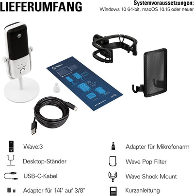 Elgato Wave:3 White Kit - mit Shock Mount - Professionelles USB-Kondensatormikrofon für Streaming, P