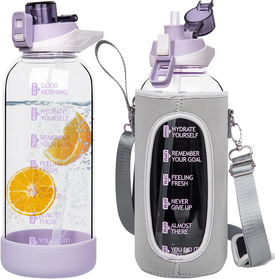 Seekua 1.5 liter Sport Trinkflasche Glas Flasche mit Strohhalm & Zeitmarkierung auslaufsicher bpa fr