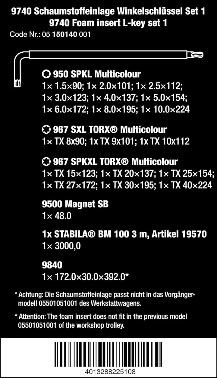 Wera 05150140001 9740 Schaumstoffeinlage, Winkelschlüssel Set 1, 20-teilig 9740 Winkelschlüssel Set