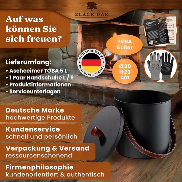 BLACK OAK Ascheeimer TOBA 5L - schwarz mit Deckel & Leder-Griff + Handschuhen - 5L Stahl feuerfest v