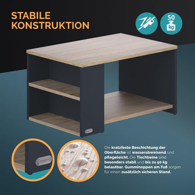 Casaria® Couchtisch Grau Holz mit Stauraum 2 Fächer 90x59x48cm Kratzfest 50kg Belastbar Rechteckig A