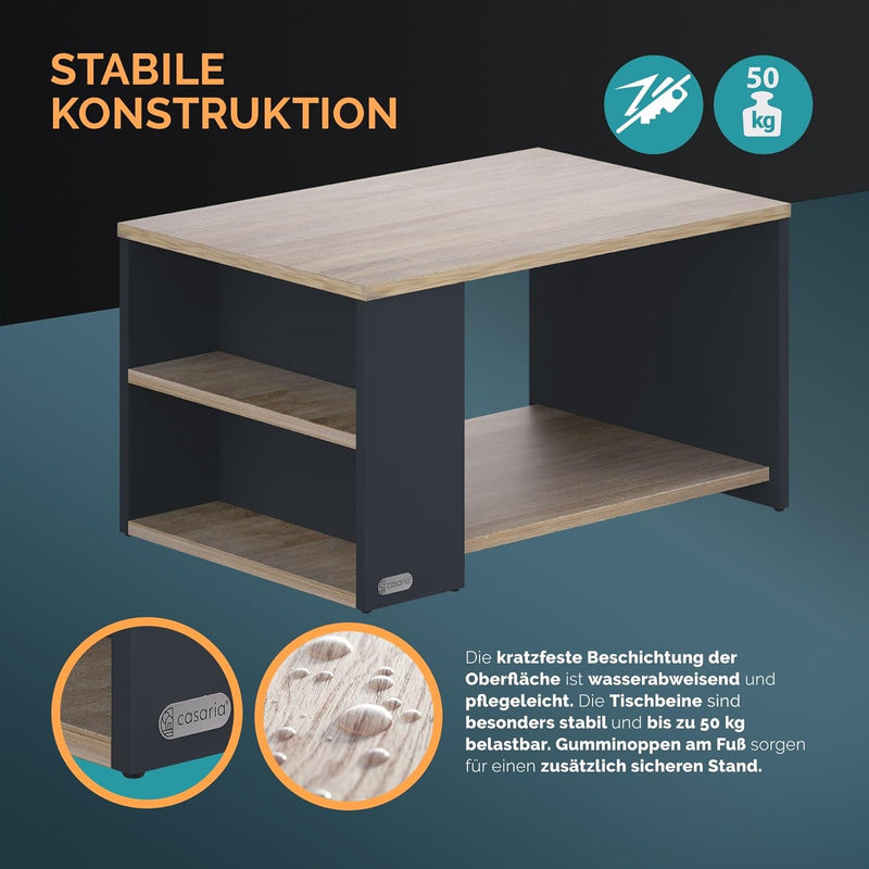 Casaria® Couchtisch Grau Holz mit Stauraum 2 Fächer 90x59x48cm Kratzfest 50kg Belastbar Rechteckig A