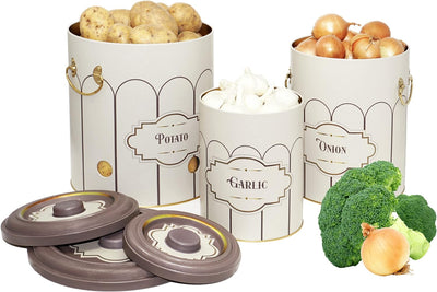 Lashuma Vorratsdosen Retro für Zwiebeln - Kartoffeln, Aufbewahrungsbox Knoblauch mit Deckel 22 cm Re