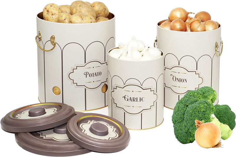 Lashuma Vorratsdosen Retro für Zwiebeln - Kartoffeln, Aufbewahrungsbox Knoblauch mit Deckel 22 cm Re