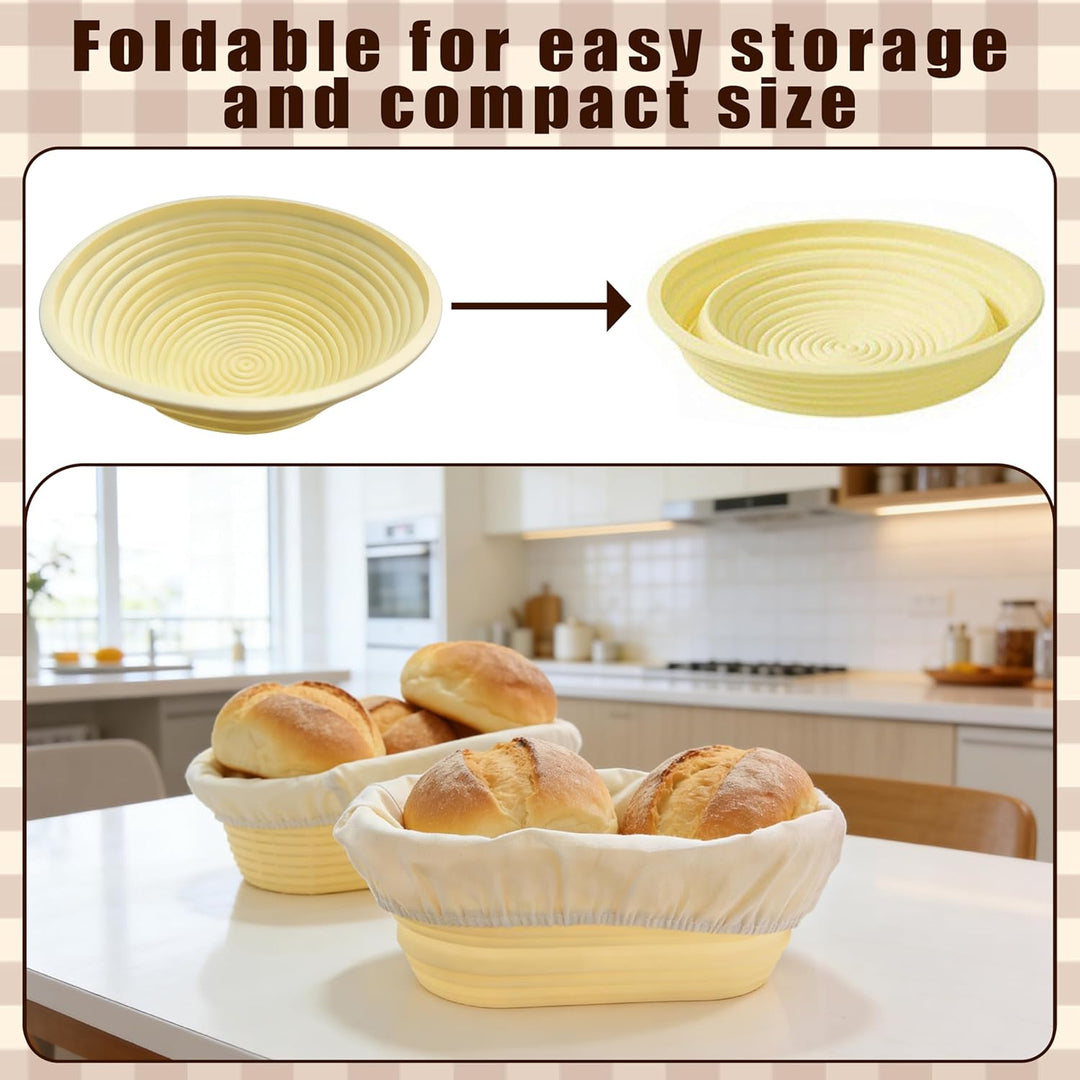 Silikon Brot Gärkorb Set (23cm rund & 25cm oval) – Sauerteig-Gärkorb Inkl. Teigschaber, Rostmesser &